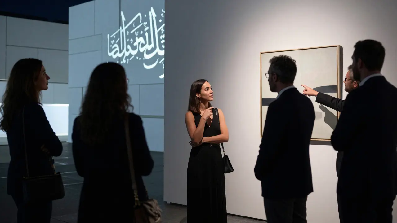 A woman in a black dress engages in quiet conversation with a man before a contemporary Gulf artwork in a museum.