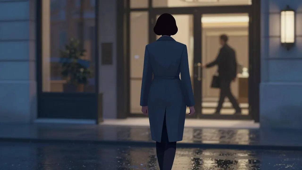 A woman walks away from a luxury hotel at dusk, her reflection visible on a wet street, anonymity preserved.