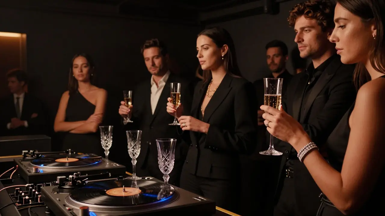 An exclusive nightclub where well-dressed guests observe in silence under soft amber lights.