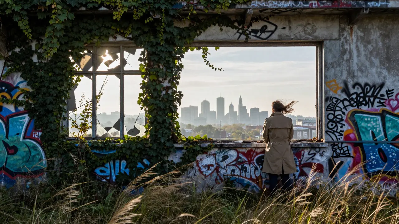 An overgrown Cold War listening post on Teufelsberg with graffiti-covered walls and a panoramic view of Berlin at dusk.