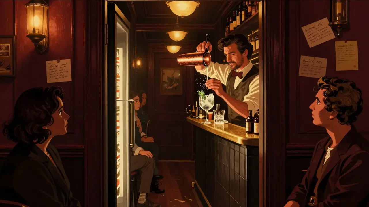 Bartender mixing a cocktail in a hidden dimly lit bar, patrons leaning in with curious expressions, warm golden lighting.