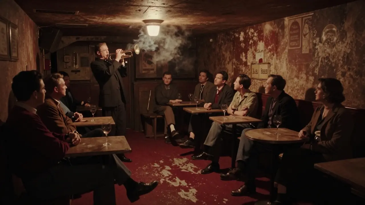 Basement jazz club with trumpet player lit by single spotlight, quiet crowd listening in dim, vintage setting.