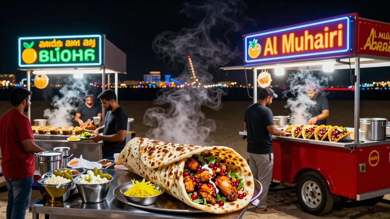 Chicken shawarma and Arabian tacos being prepared at vibrant late-night food stalls.