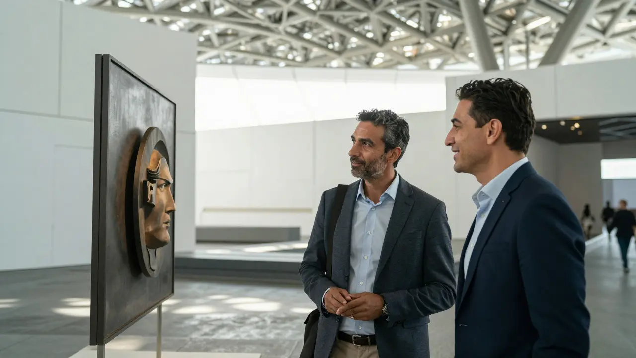 Companion and client discussing art at Louvre Abu Dhabi under natural sunlight.
