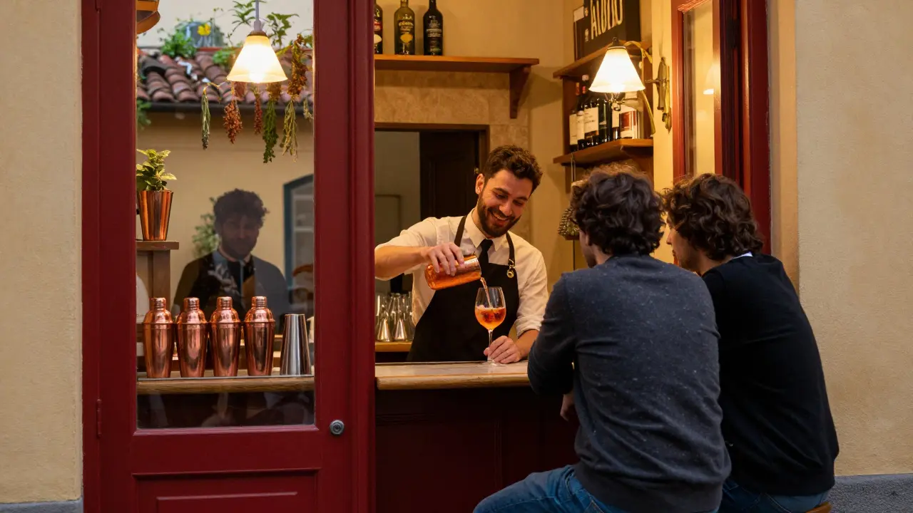 Cozy bar interior with bartender pouring a craft cocktail, herbs visible through window, warm lighting and wooden shelves.