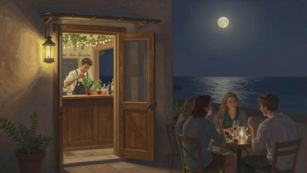 Cozy hidden bar with string lights and a bartender crafting cocktails under the stars.