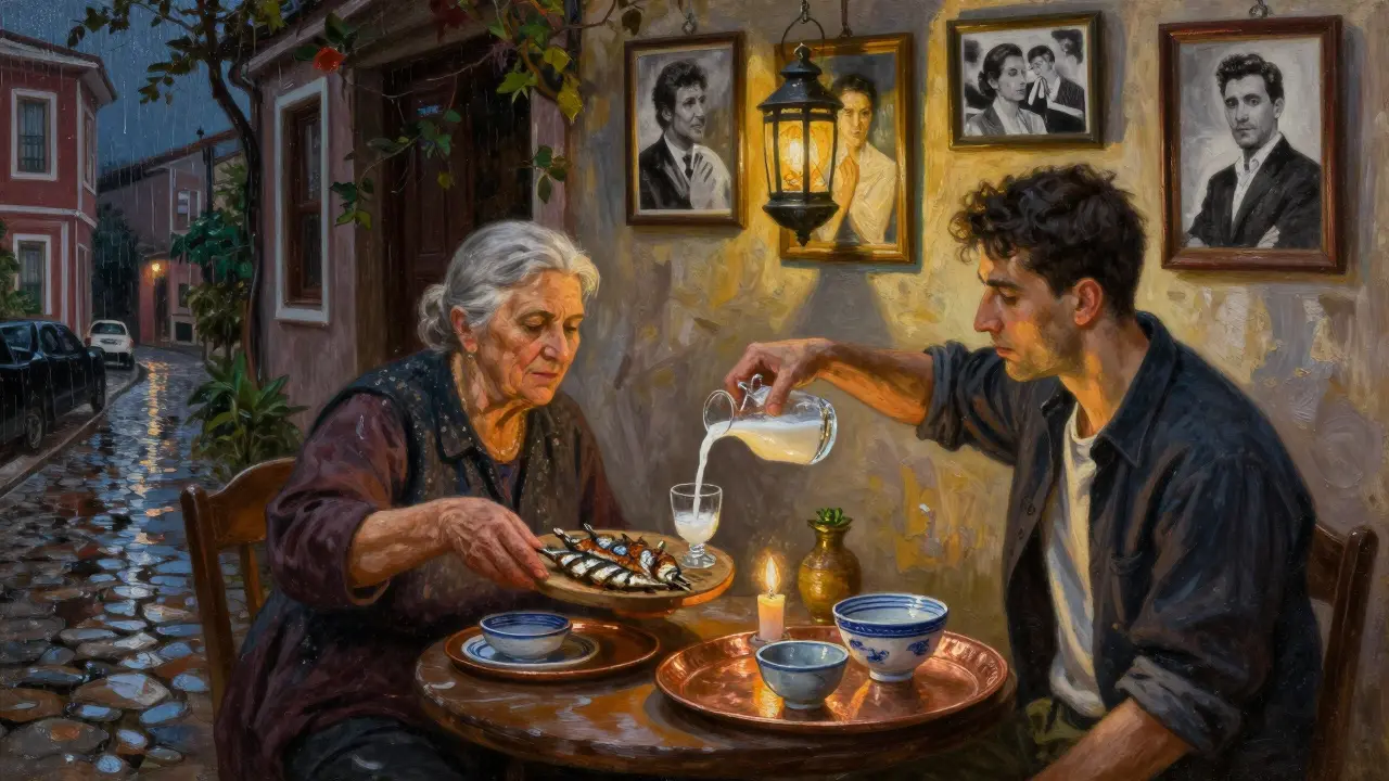 Cozy meyhane interior with elderly server, rakı glass turning milky, and vintage photos on walls.