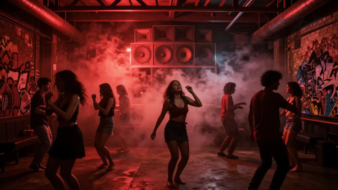 Dark underground club with fog and bass waves, diverse crowd dancing barefoot to techno music in industrial space.