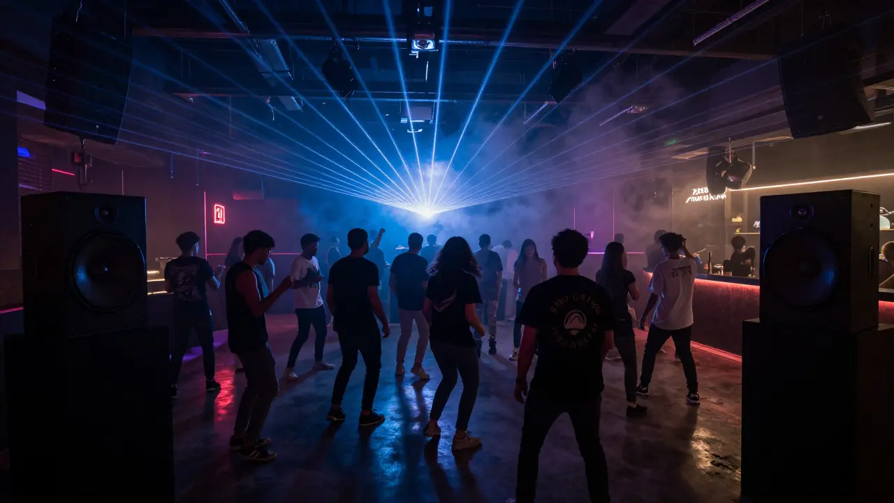 Dark underground club with strobing lights and energetic crowd dancing to heavy beats.