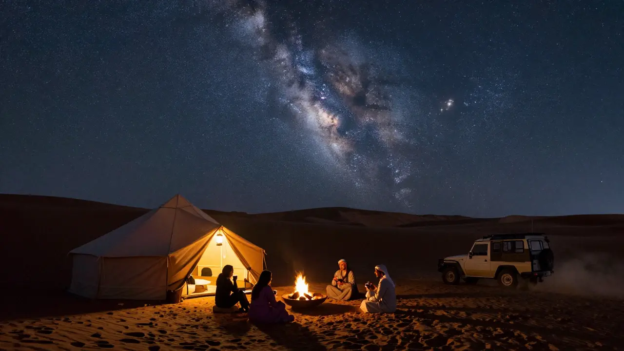 Desert camp under a starry sky with fire pit and Bedouin tents, peaceful and vast.