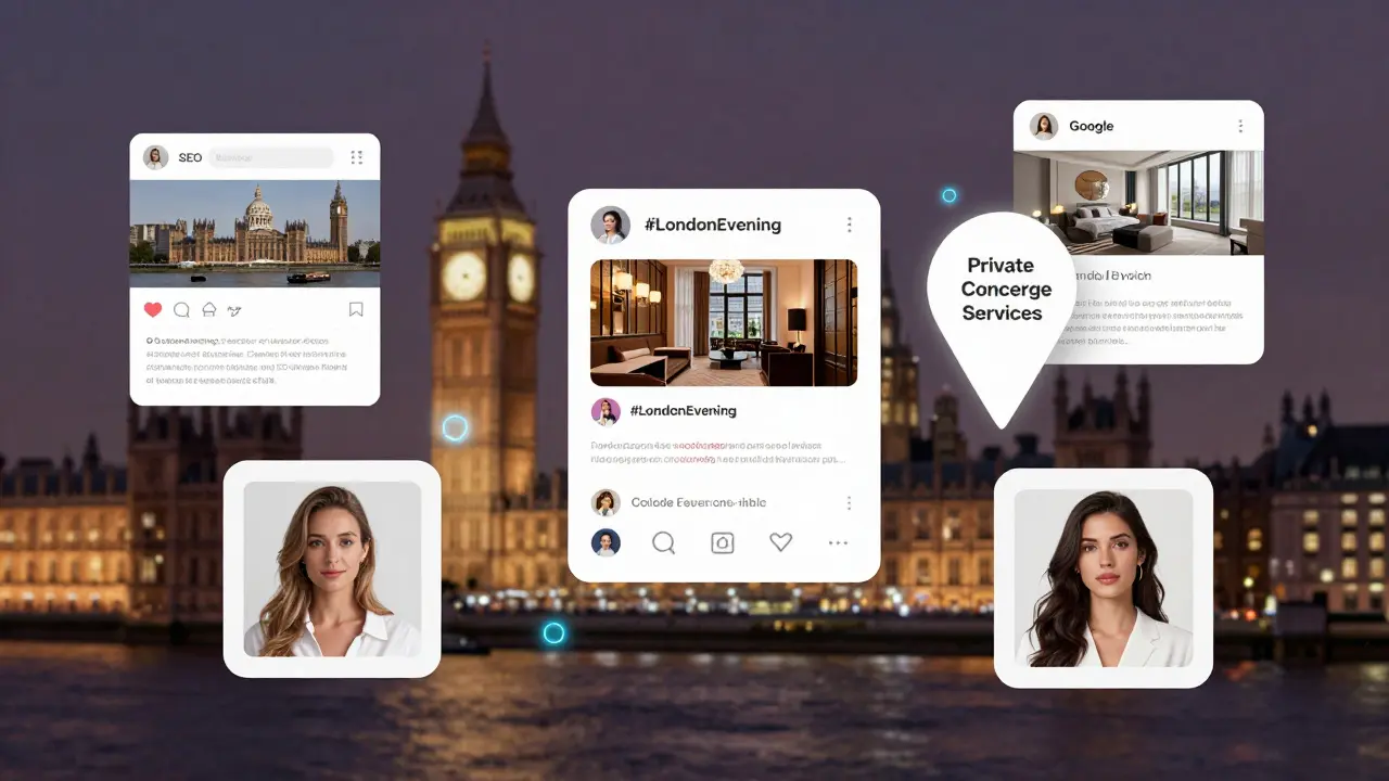 Digital icons representing coded social media posts, GPS listings, and AI profiles in a London nightscape.