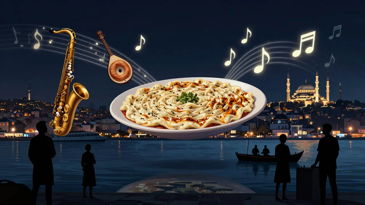 Floating kumpir plate above Bosphorus surrounded by food and music symbols at night.