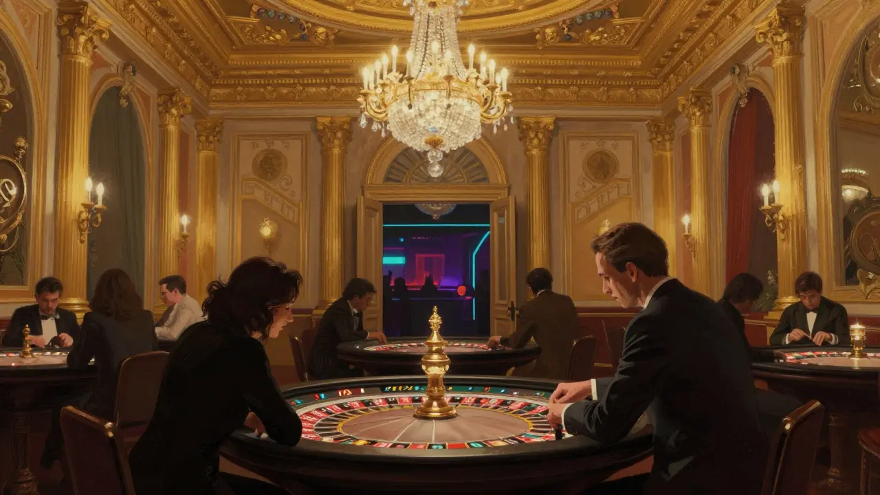 Gilded casino hall with roulette tables and a hidden door leading to a modern club.