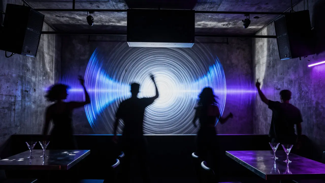 Inside an underground Milan club, silhouetted dancers move to pulsing beats under industrial lights.