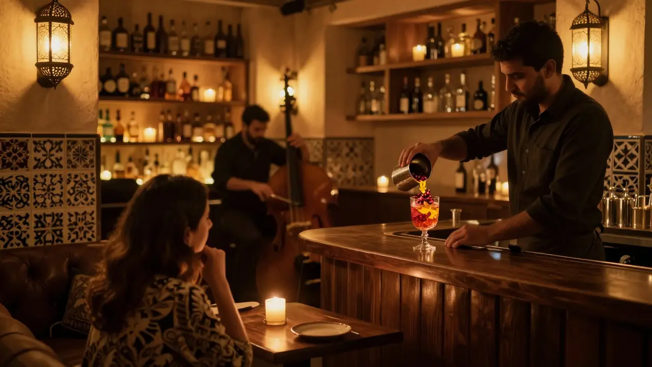 Intimate candlelit bar with wooden interiors, bartender pouring a spiced cocktail in soft light.