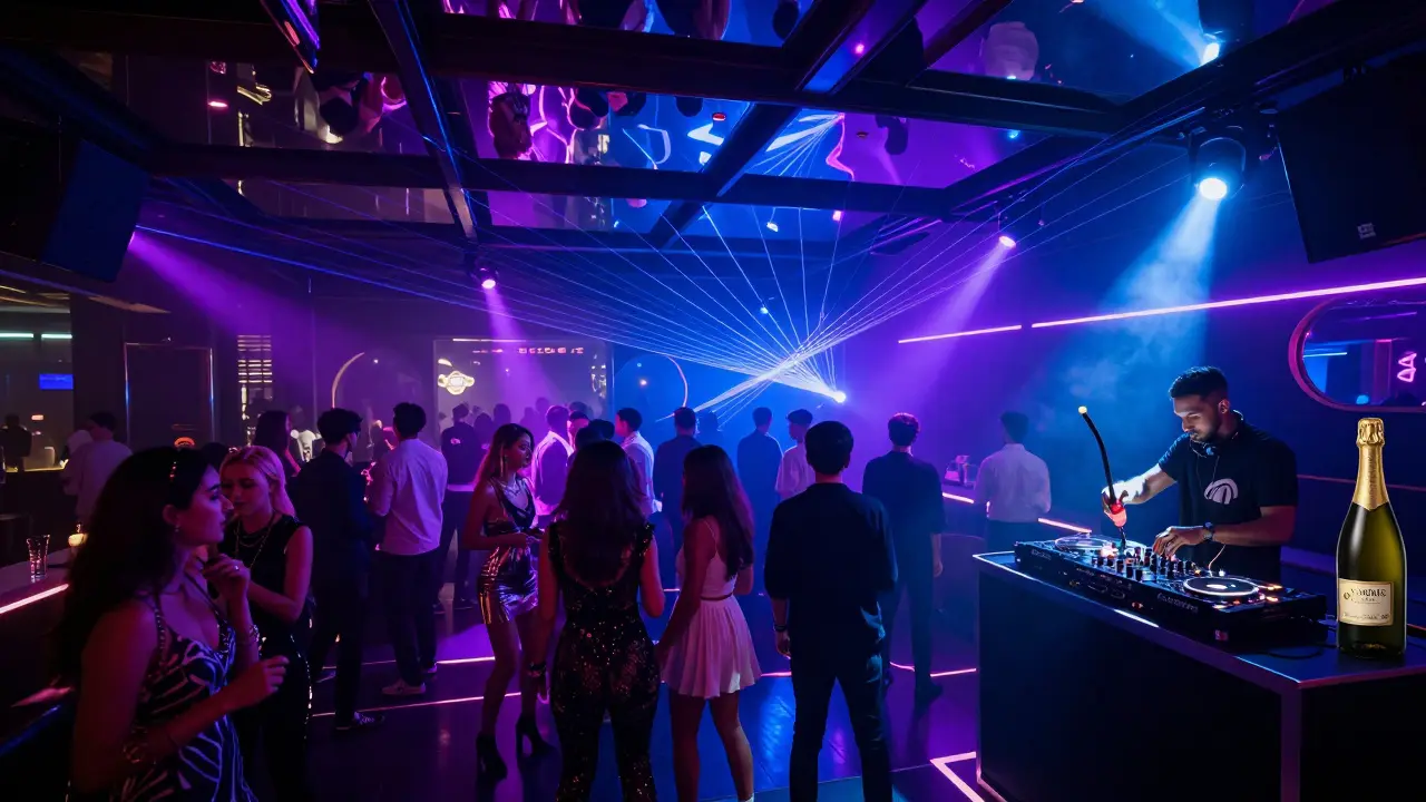 Lively nightclub with neon lights, mirrored ceiling, and crowd dancing on a floating floor.