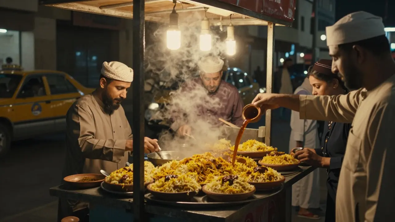 Local workers eating machboos at a street cart on Al Jazira Street late at night.