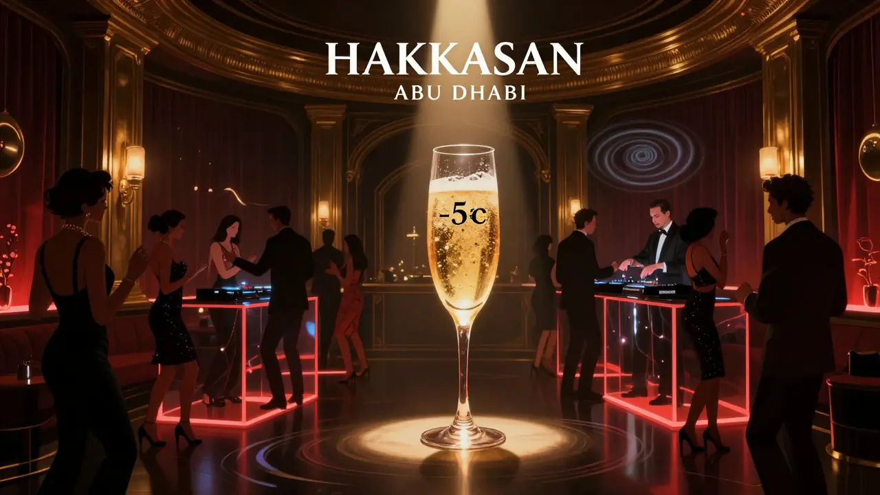 Luxurious nightclub interior with gold accents and guests dancing under dramatic lights.