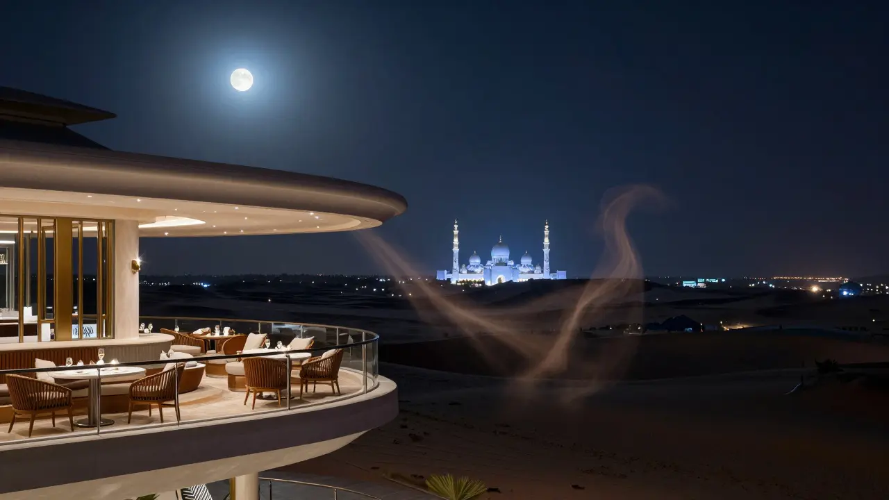 Luxurious rooftop lounge high above Abu Dhabi with mosque visible in distance.