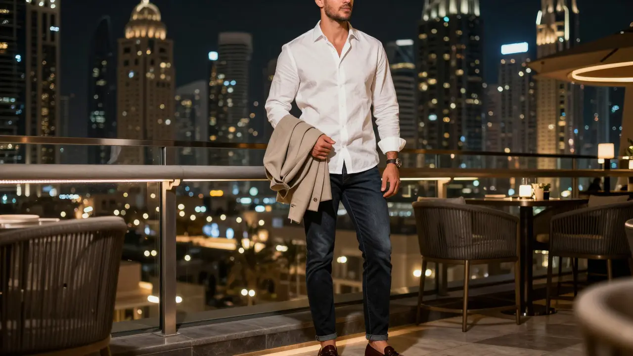 Man in white linen shirt and dark jeans, standing outside a luxury rooftop bar in Dubai.