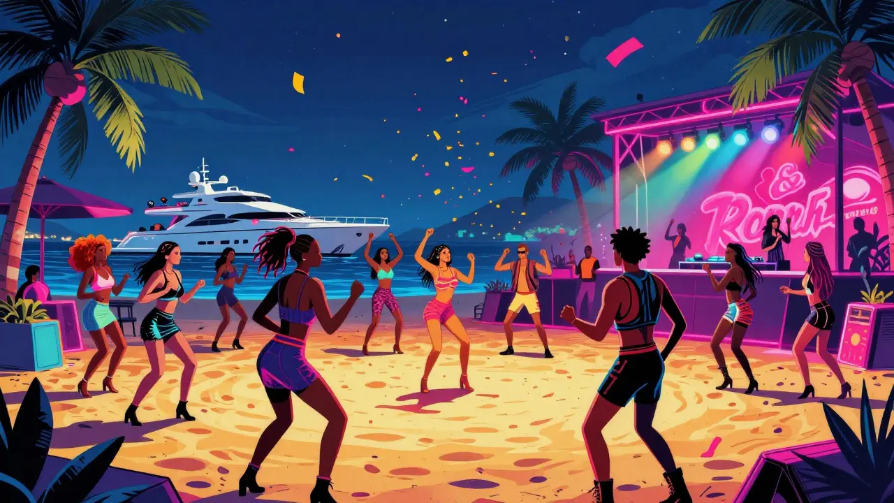 Neon-lit beach club with dancers on sand under a skyline of superyachts.
