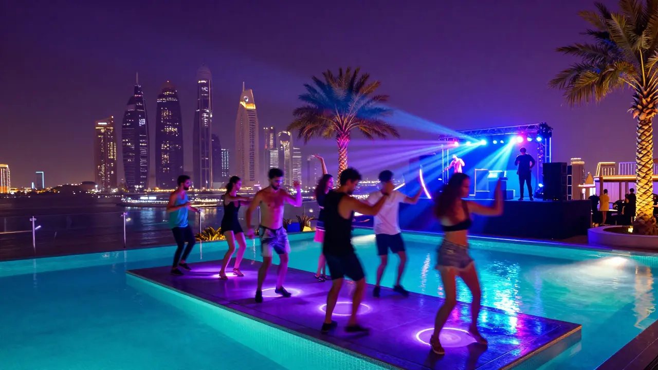 Neon-lit rooftop party at W Abu Dhabi with dancers and glowing infinity pool.