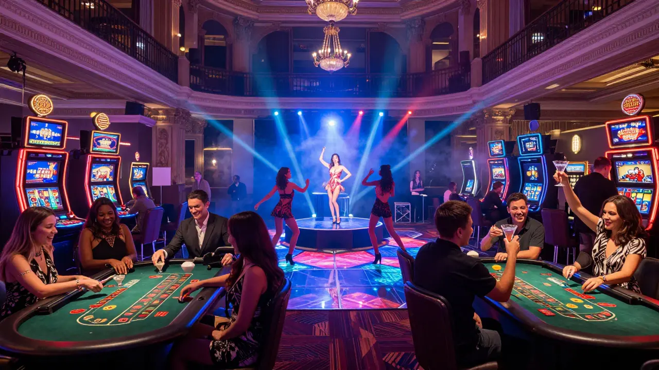 Nighttime casino and nightclub fusion with live performers, neon lights, and energetic crowds dancing.