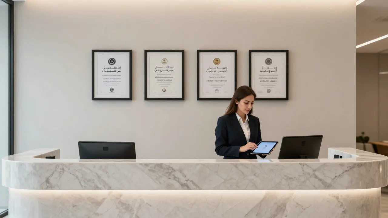 Professional agency receptionist verifying client identity with a digital tablet.