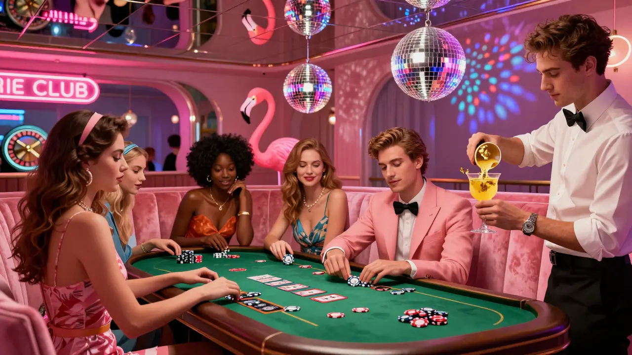 Retro-style casino lounge with pink velvet, neon signs, and patrons enjoying cocktails and blackjack games.