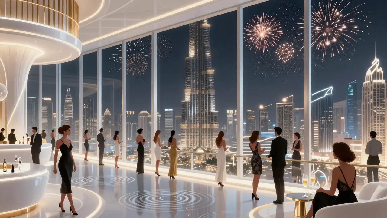 Rooftop club in Dubai with Burj Khalifa illuminated below and fireworks in the sky.