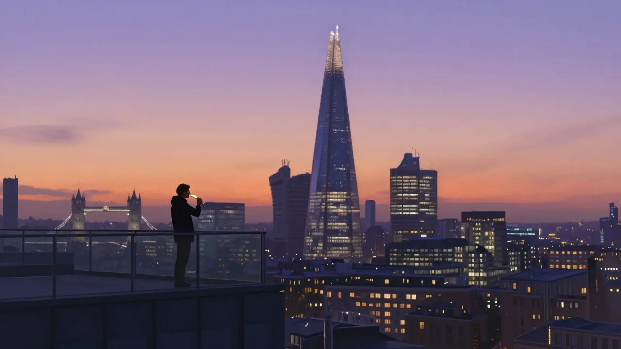 Silhouette of a person on a rooftop balcony at dawn, London skyline below with fading city lights, serene and quiet atmosphere.