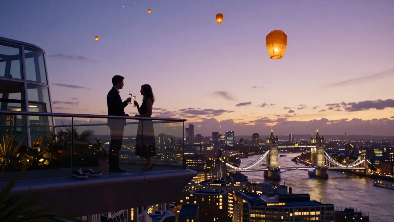 Silhouetted couples enjoying champagne in a sky garden with London skyline at sunset