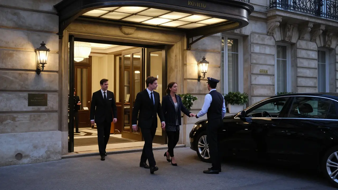 Two guests arriving privately at a hotel&#039;s rear entrance, guided away from the main lobby.