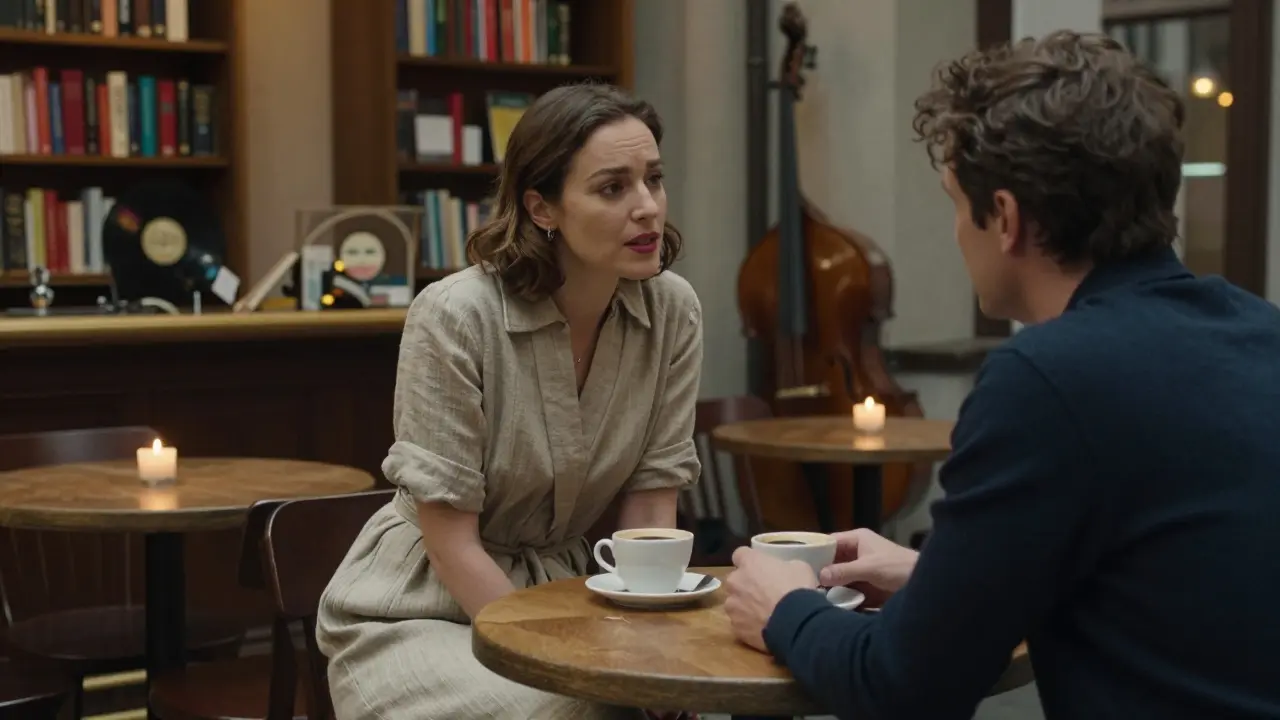 Two people share an intimate moment in a cozy Berlin courtyard bar, lit by candlelight and soft jazz.