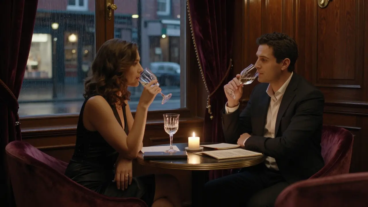 Two people share wine in a refined London lounge, engaged in thoughtful conversation under candlelight.