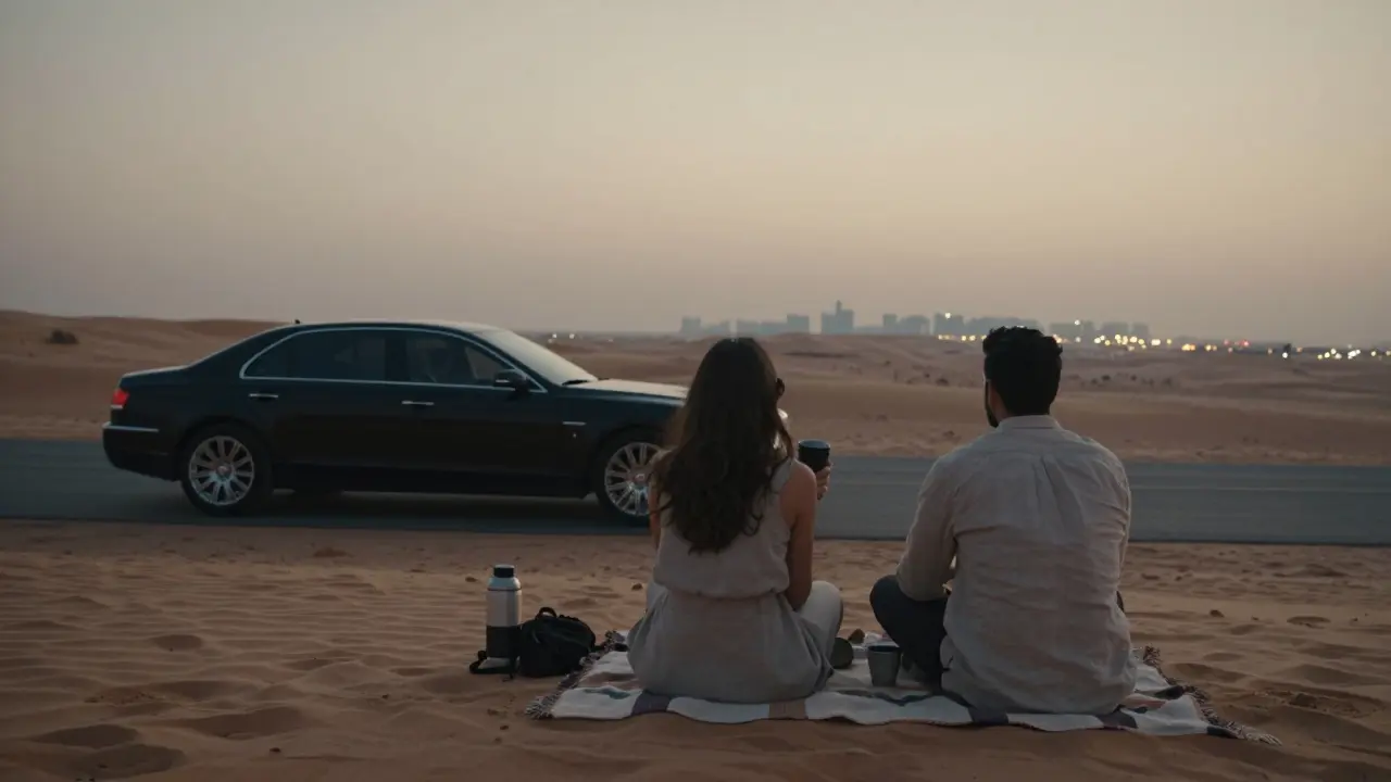 Two people sitting peacefully on a desert dune at sunset, sharing coffee, overlooking Dubai’s city lights.