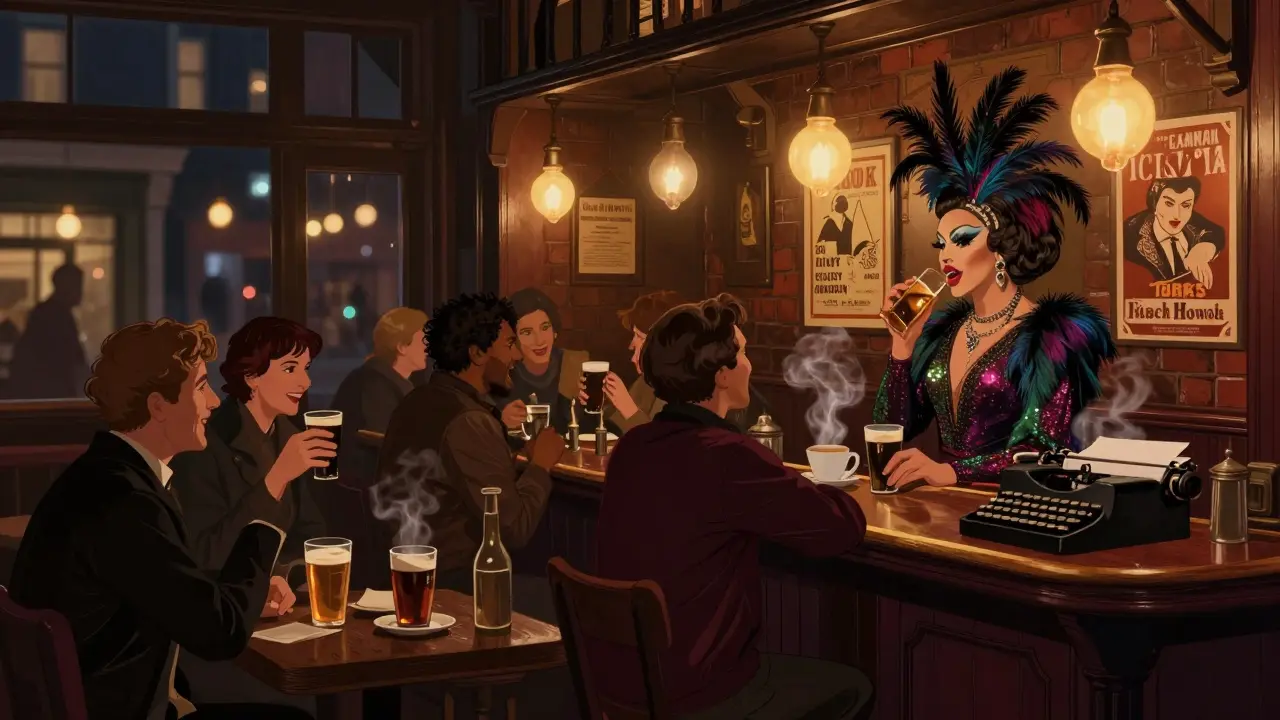 Vibrant patrons laughing in a historic Soho pub with a drag performer at the bar
