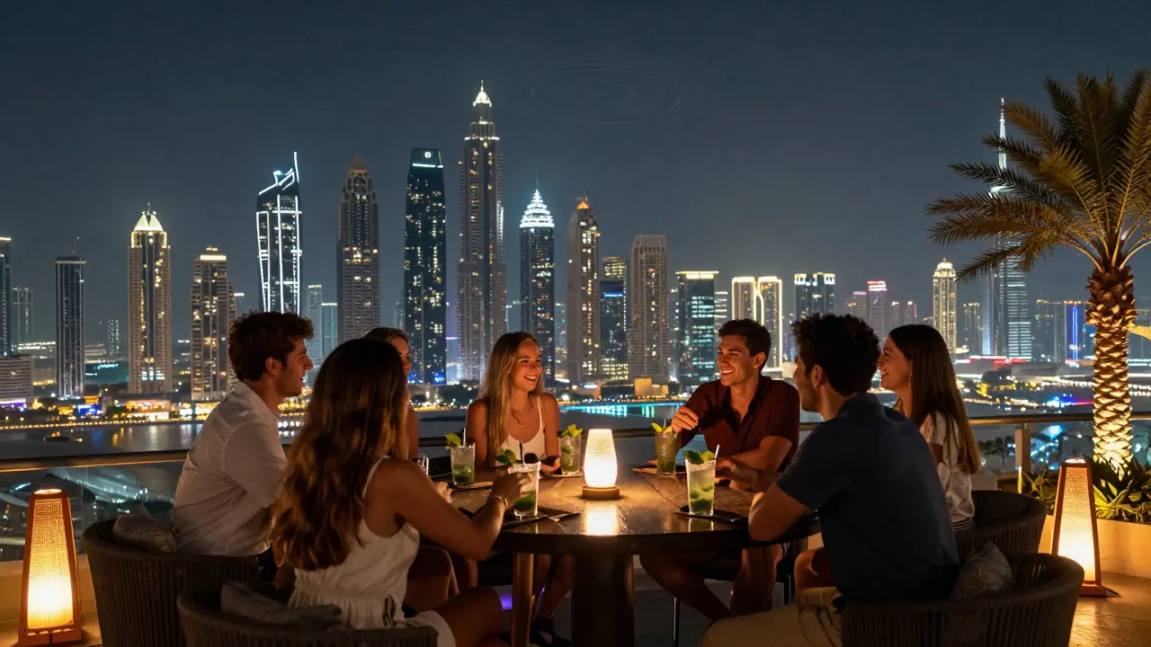 360 Bar on the 154th floor with 360-degree city lights, friends celebrating under Dubai’s night skyline.