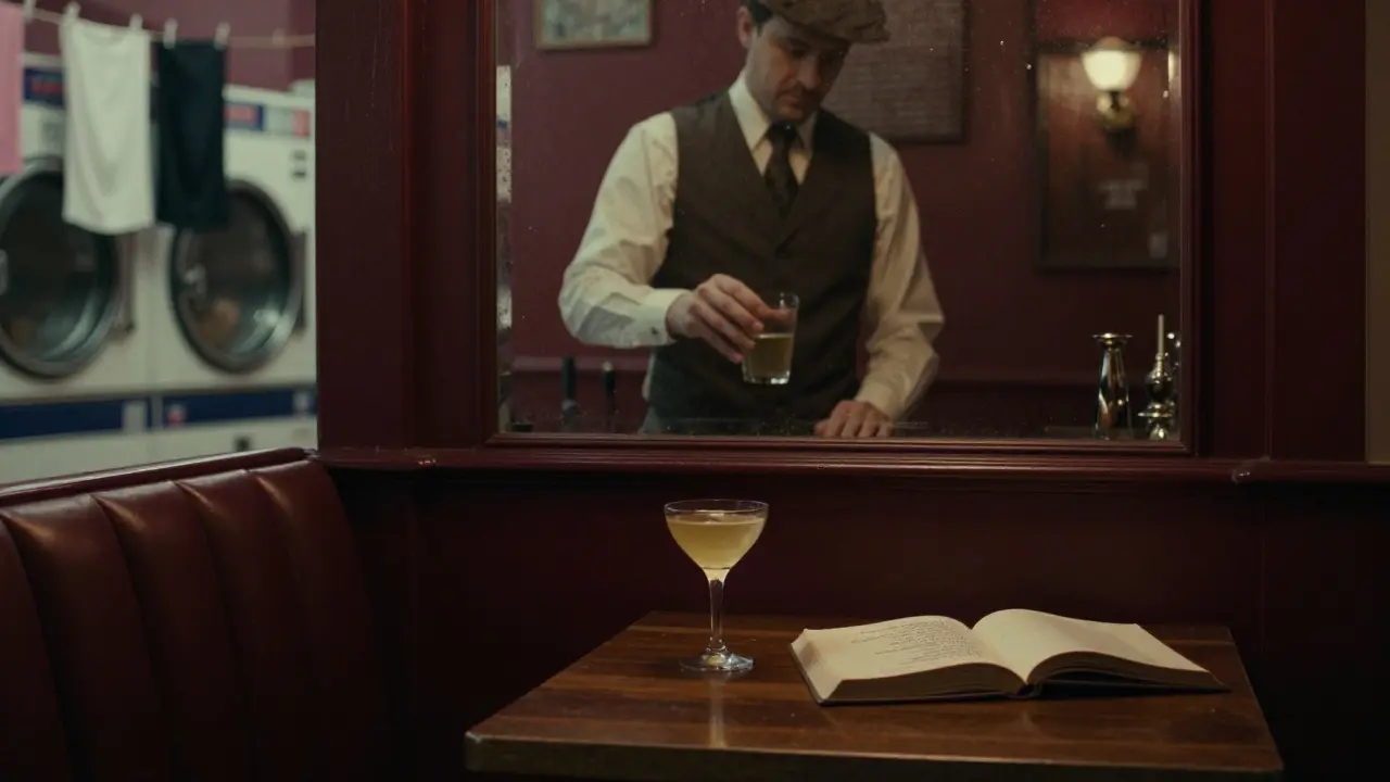A 1920s speakeasy behind a laundromat, with leather booths, dim lighting, and a bartender polishing a glass.