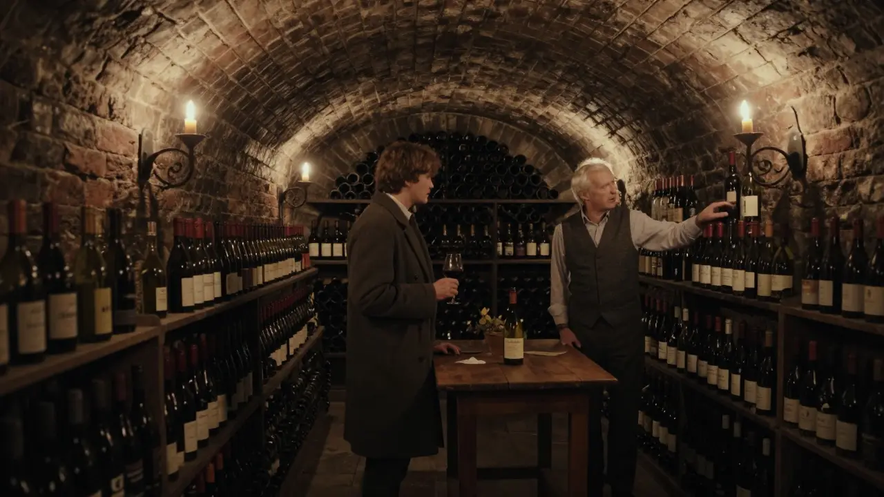 A candlelit 19th-century wine cellar with towering shelves of bottles, owner and guest sharing a tasting.