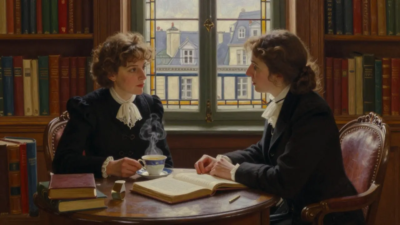 A client and companion in a quiet Parisian library, surrounded by books and warm light.