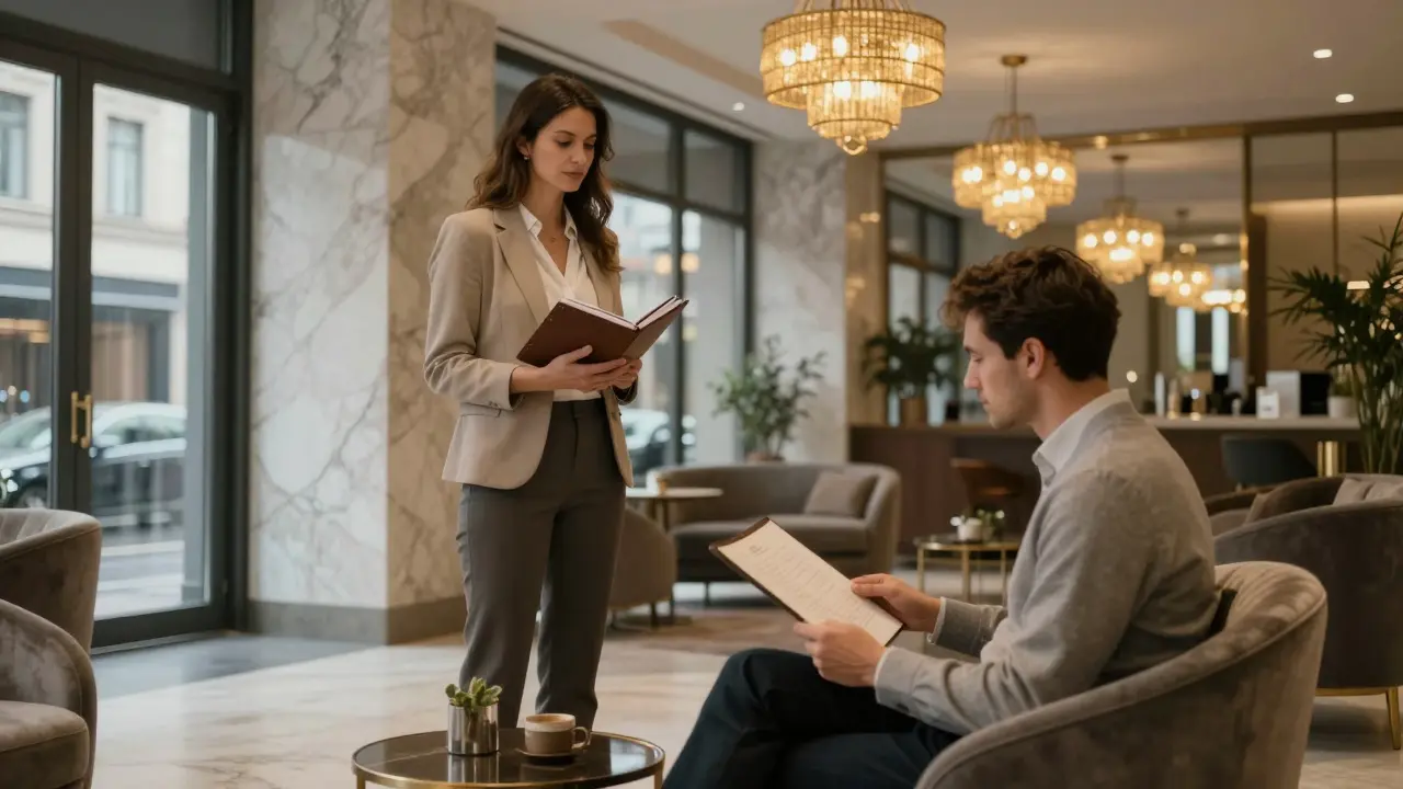 A client and companion meeting for the first time in a luxurious hotel lobby.