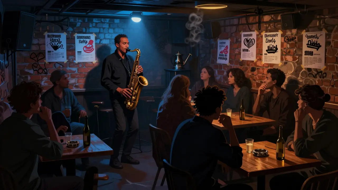 A dim basement jazz club in Oberkampf with a saxophonist playing under a spotlight, patrons swaying in the haze.