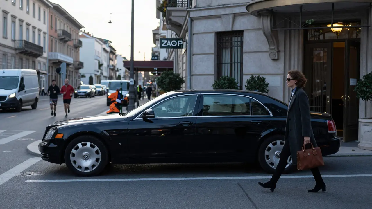 A discreet woman enters a five-star Milan hotel at dawn, blending into the quiet morning cityscape.