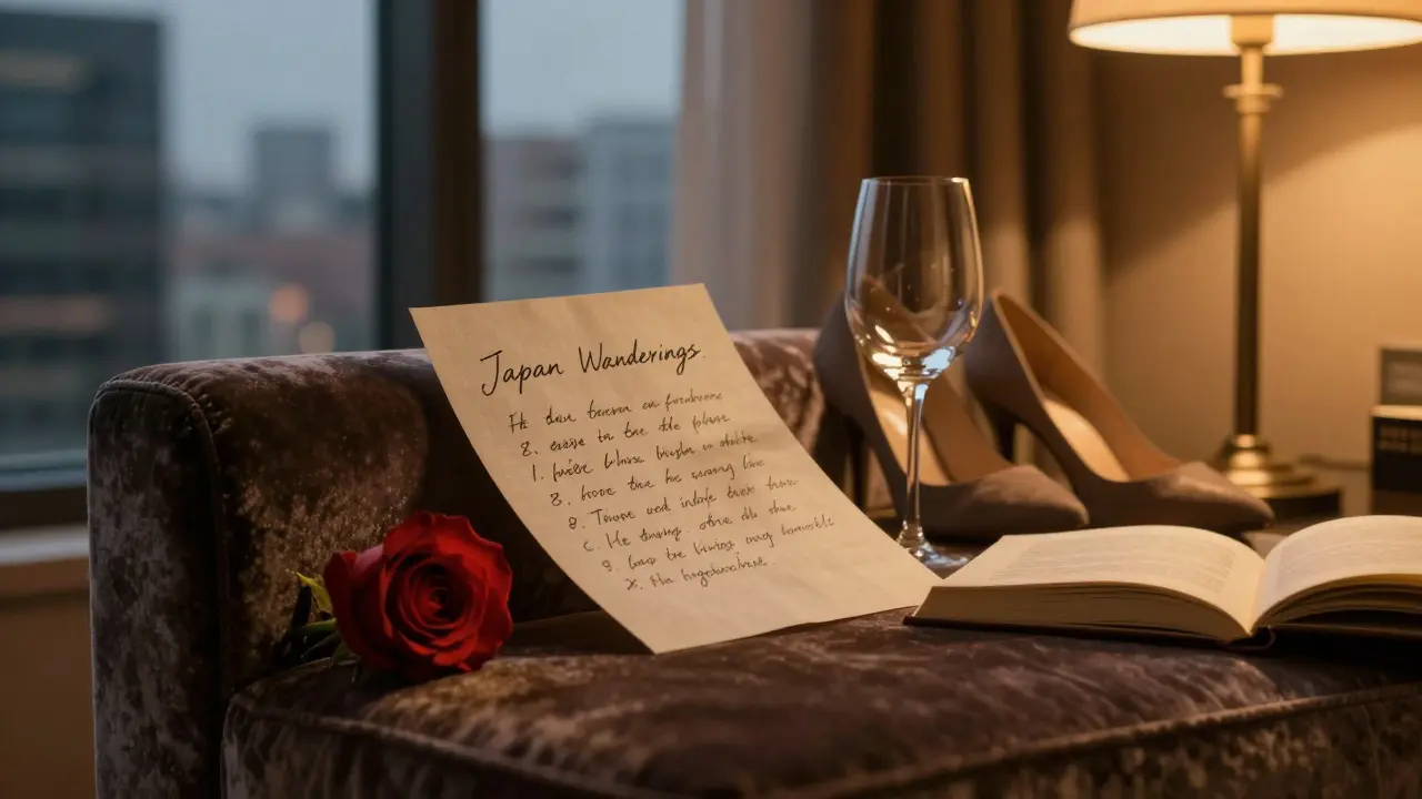 A handwritten note, rose, and open book on velvet in a luxury hotel room, warm lighting and city view.