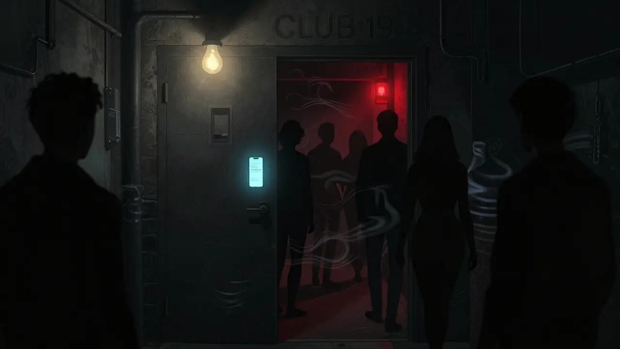 A hidden nightclub entrance at night with a glowing phone and silhouettes entering.
