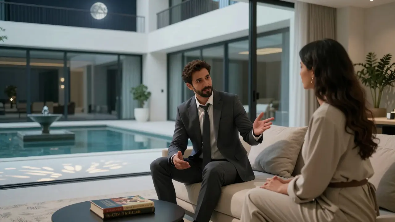 A male escort and client discussing architecture in a modern villa, books and moonlight creating a calm atmosphere.