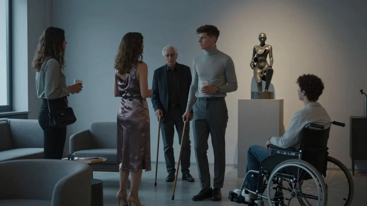 A non-binary escort leads a diverse group through an intimate art viewing in a minimalist lounge at dusk.