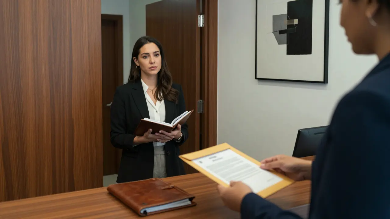 A professional agency office in Abu Dhabi exudes discretion, with a client receiving a contract from a receptionist.