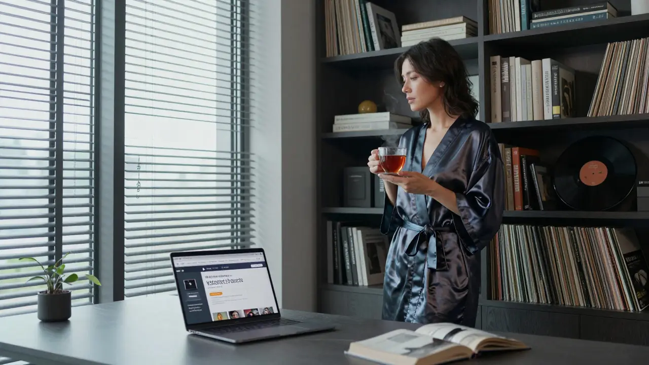 A professional companion in a modern Berlin apartment, holding tea beside a bookshelf and open laptop.